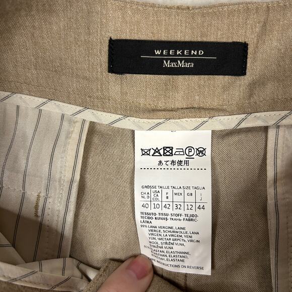 Weekend Max Mara Size 10 Virgin Wool Trousers Straight Leg Pleated Tan Neutral - Picture 7 of 9